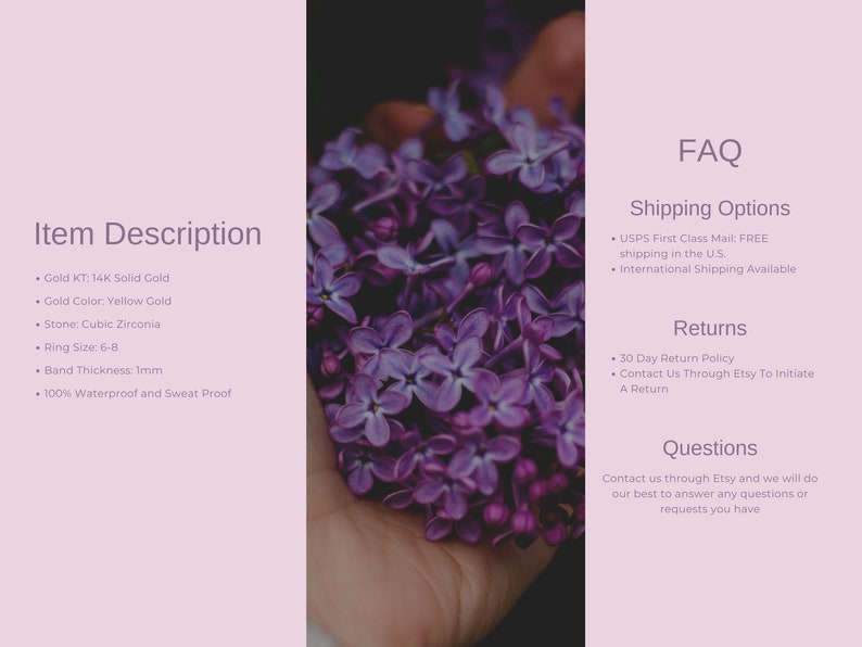 May include: A 14K solid gold ring with a cubic zirconia stone. The ring is available in sizes 6-8 and is waterproof and sweat proof.  FAQ, Shipping Options, Returns, and Questions are listed on the right side of the image.