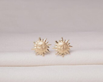 14K Solid Yellow Gold Sun Earrings: Summer Jewelry
