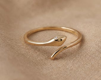 14K Solid Yellow Gold Snake Ring: Zircon Serpent Wrap Ring