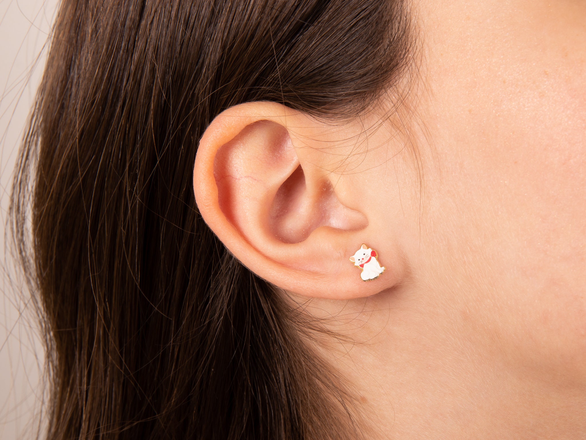 Cute Girls Cat Earrings Little Girls Studs 14K Solid Gold Etsy