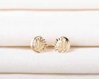 14K Solid Yellow Gold Sun Moon Earrings: Celestial Jewelry