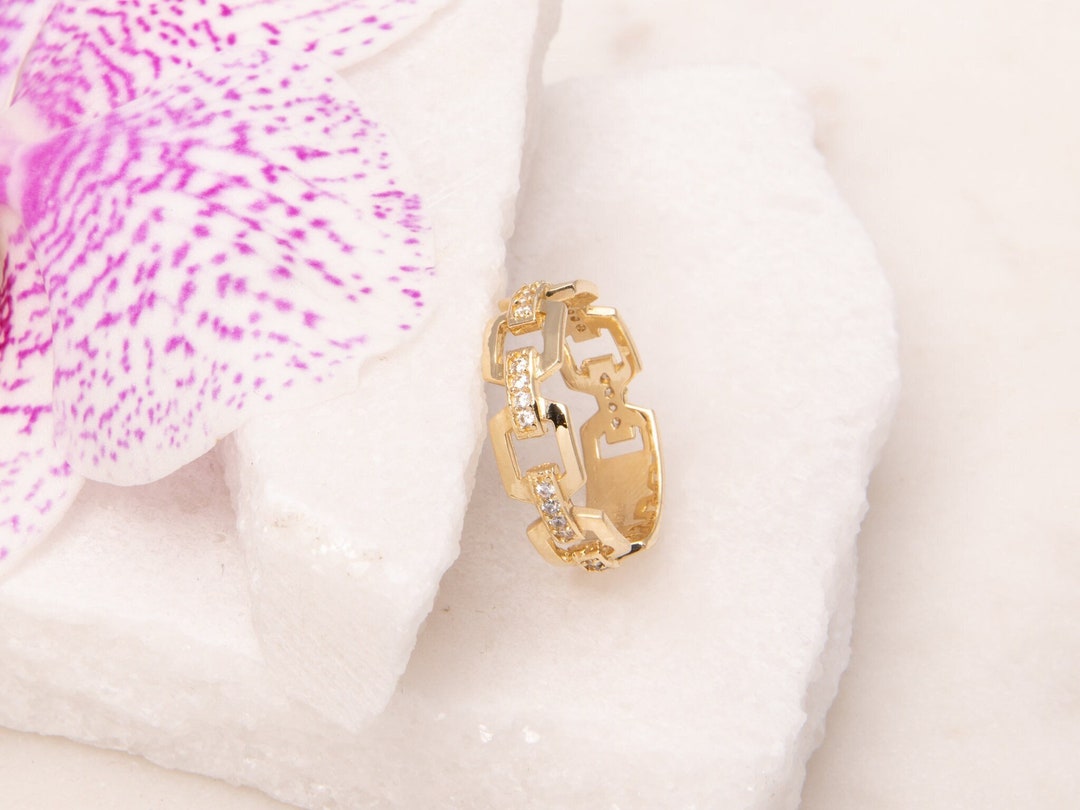 14k Solid Gold Chain Ring: Cubic Zirconia Stacking Ring - Etsy