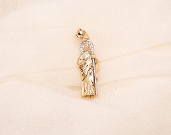 14k Solid Gold St Jude Pendant: Religious Charm with Cubic Zirconia