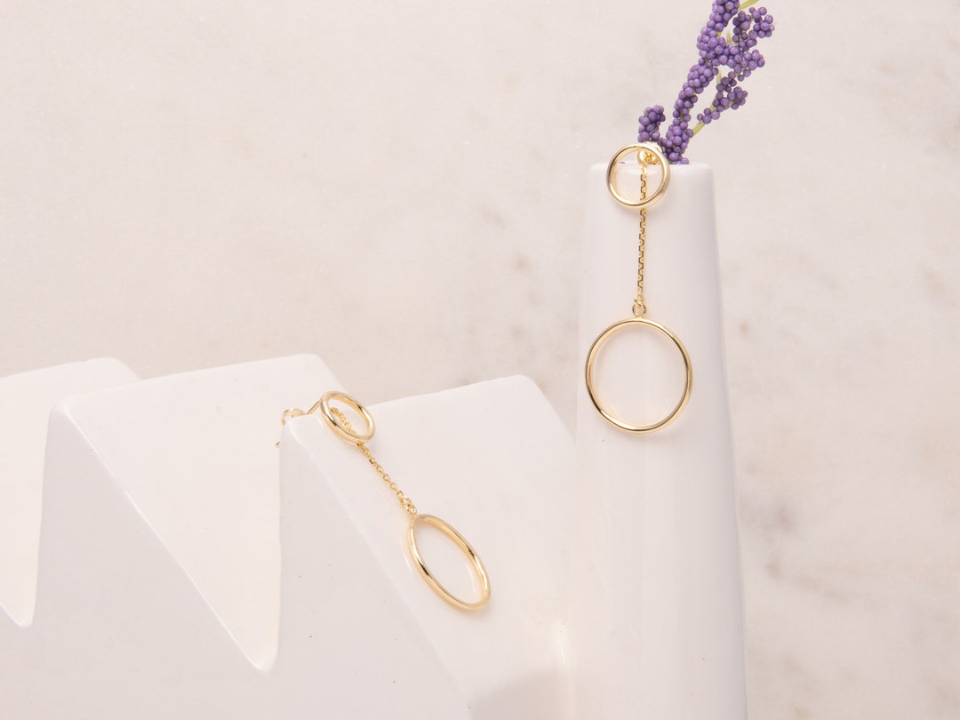 Threader Hoop Earrings 14K Solid Gold Dangle Hoop Earrings Etsy