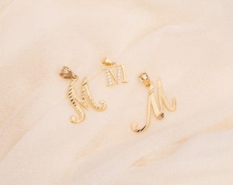 Gold Initial M Pendant, Solid Gold, Personalized Charm, Initials Necklace