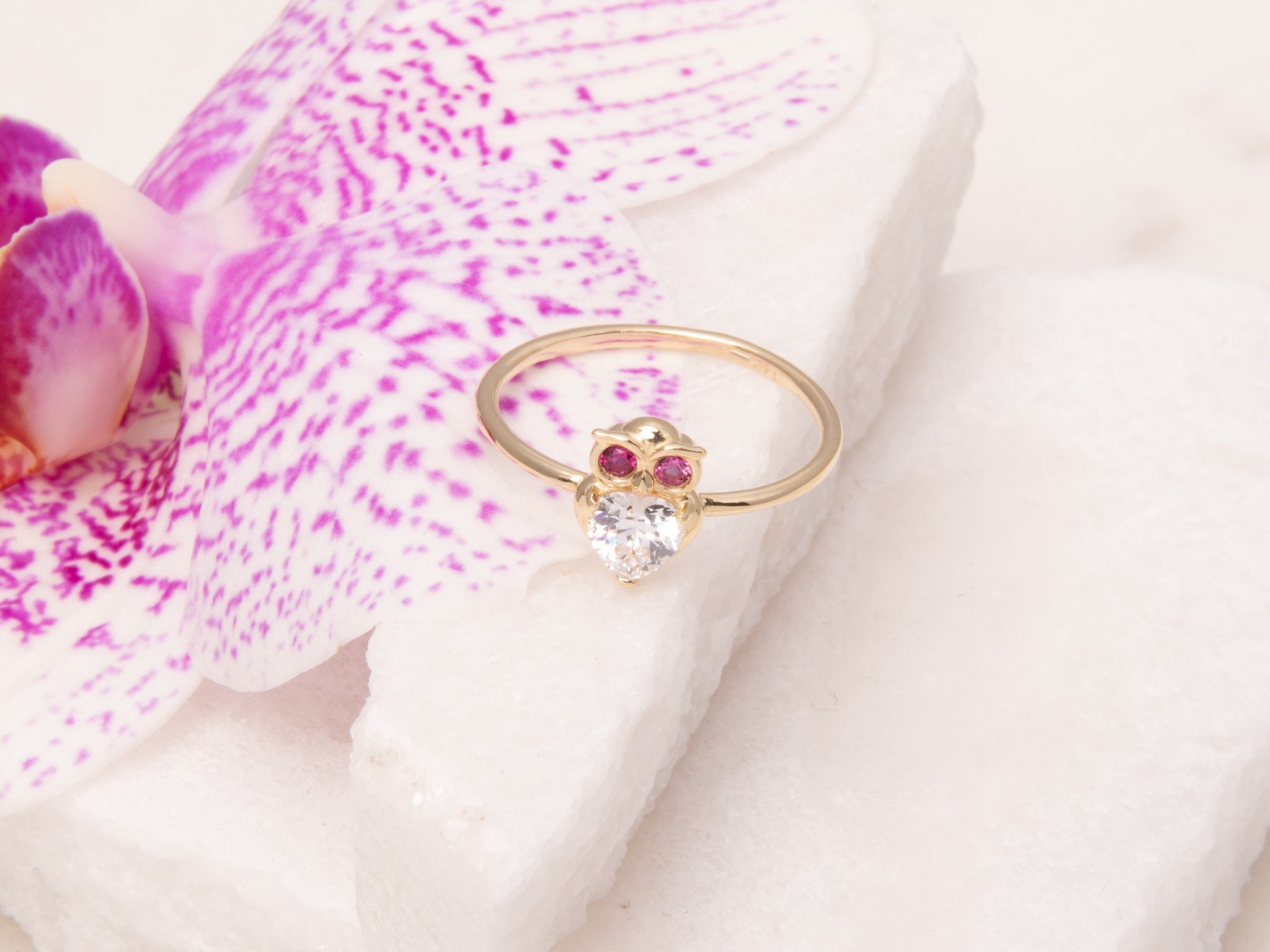 14K Solid Yellow Gold Owl Ring with Cubic Zirconia