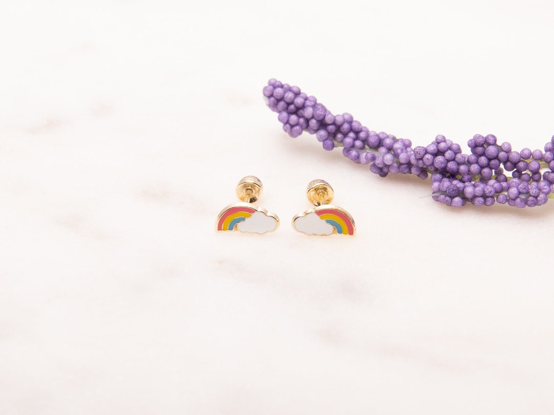 Solid Gold Rainbow Earrings, 14K Colorful Studs, Unique Unusual