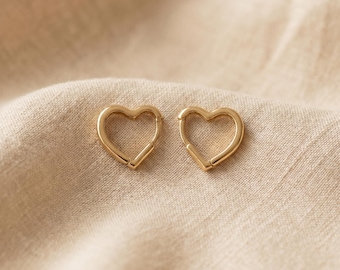 14K Solid Yellow Gold Heart Huggie Hoop Earrings