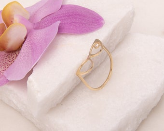 Unique Shape Ring, Gold Glasses, 14K Solid Gold, CZ Dainty Glasses Ring Band, Yellow Solid Gold, Cubic Zirconia, Hand made Homemade Jewelry