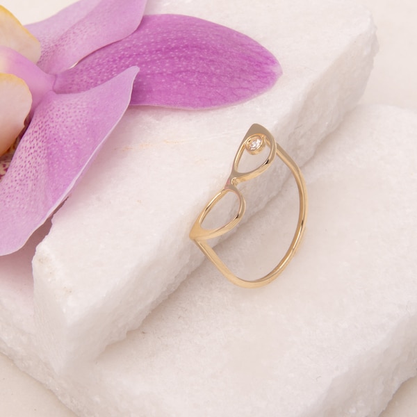 Unique Shape Ring, Gold Glasses, 14K Solid Gold, CZ Dainty Glasses Ring Band, Yellow Solid Gold, Cubic Zirconia, Hand made Homemade Jewelry