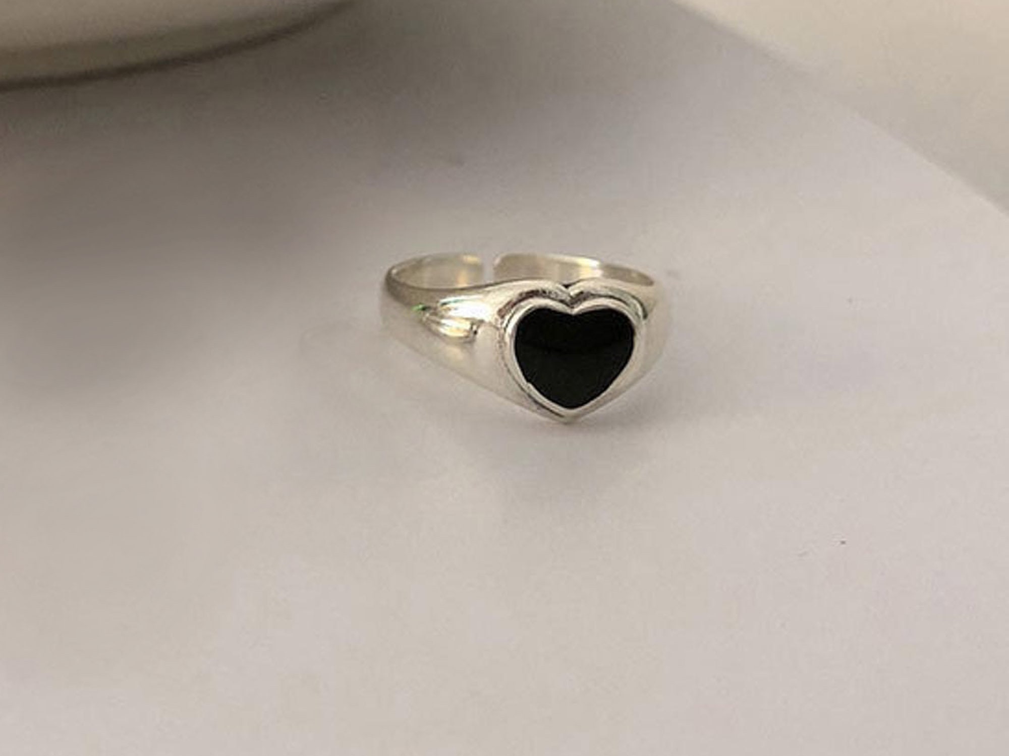 Silver Ring Black heart Adjustable White RingSimple | Etsy