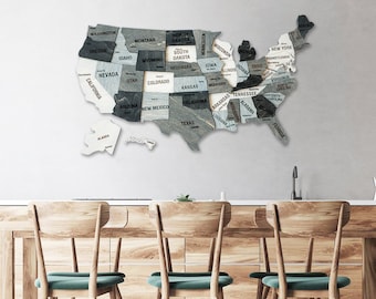 Graue amerikanische 3D US-Holzwandkarte, USA-Holzlandkarte, Holzwandkunst USA-Karte, große USA-Karte Wandkunst