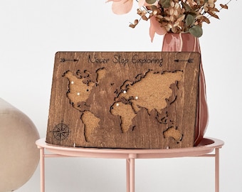 Personalized Travel World Map With Pins, Wood Map Gift For Your Daughter, Custom Cork Board Apartment Decor, 5th Anniversary Gift for Him