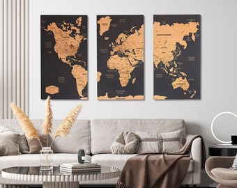 World Map Set Of 3 Wall Art, Apartment Decor Travel Map 5th Anniversary Gift, World Map Pin Cork Board Above Bed Decor