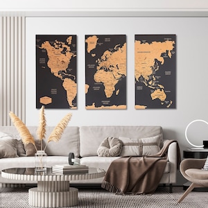 Wereldkaart set van 3 muurkunst, appartementdecor reiskaart cadeau 5e verjaardag, wereldkaart pin-kurkbord decor boven bed