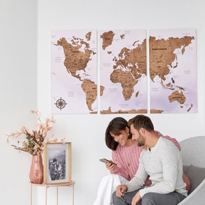 Große Weltkarte Wand Kunst 5. Jahrestag Geschenk, Push Pin Welt Holz Karte Wohnung Dekor, Reise Paare Geschenk 3-teilige Wandkunst über dem Bett Dekor