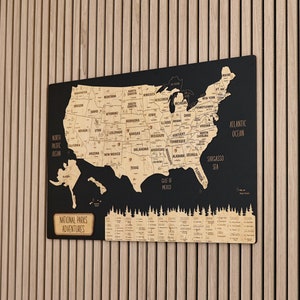Reise Nationalpark Karte Holzwandkunst, US Holzkarte 5. Jahrestag Geschenk, Wohnung Dekor Push Pin Karte Nationalpark Poster Holzwanddekor