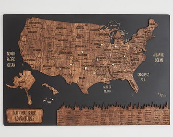 National Park Map Poster, Push Pin Maps Travel Map, Large US Map Wooden Wall Art, Apartment Wood Wall Decor, 5th Anniversary Gift