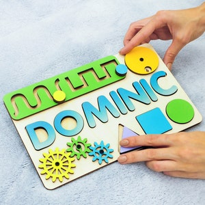 Personalized wooden name puzzle for toddler, blue busy board for boy nursery decor, travel baby activity board, unique baby shower gift