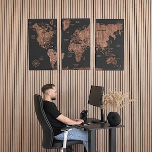 Wereldkaart kunst aan de muur 5e verjaardag cadeau, push pin wereldkaart cadeau voor vriend, appartement decor 3 stuk kunst aan de muur, reiskaart paren cadeau