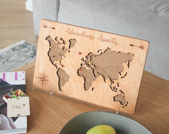Push Pin World Map with Pins, Couples Travel Map Pin Board, Home Improvement Travel Tracker Map, 5th Anniversary Gift Cork Map Of the World