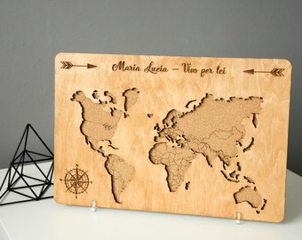 Cork Map of the World Map Push Pin, Wooden World Map Pin Board, World Travel Map Christmas Gift, Cork Board Personalized Gift