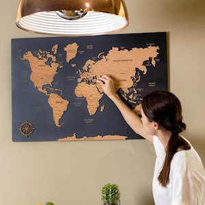 Große Weltkarte Wandkunst, Holz Weltkarte Push Pin, 3 Stück Wandkunst Wohnung Dekor 5. Jahrestag Geschenk, über Bett Dekor Holzkarte