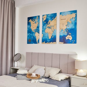 Push Pin World Map Wall Art, Large World Travel Map Apartment Decor, Wood Map 5th Anniversary Gift, Map Of The World Over Bed Decor
