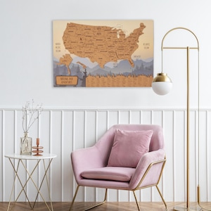 Décoration d'appartement, carte du parc national, carte de voyage des États-Unis, cadeau de 5e anniversaire, carte des États-Unis, art mural en bois, cadeau de retraite