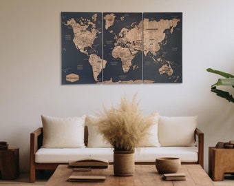 Wooden World Map Wall Art 5th Anniversary Gift, World Map Push Pin Apartment Decor, Travel Map Wall Hanging Retirement Gift Above Bed Decor