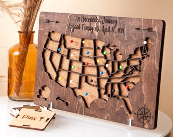 Push Pin USA Carte carte de voyage pour les cadeaux de couple, cadeaux de relation en bois aux États-Unis, panneau de liège personnalisé, cadeaux de voyage du 5e anniversaire