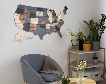 Wood USA Map Apartment Decor 5th Anniversary Gift, US Travel Map Above Bed Decor, Push Pin Map Classroom Decor Wooden Wall Art