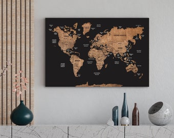 Wood World Map Wall Art, Push Pin World Map Wall Decor, Personalized Travel Map With Pins, Wooden Map Apartment Decor New House Gift