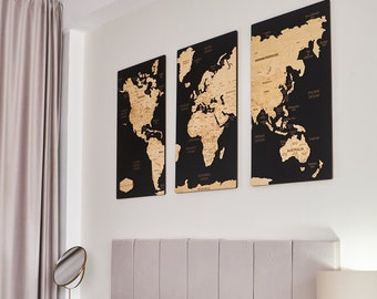 Push Pin World Map Wall Art, Large World Travel Map Apartment Decor, Wood Map 5th Anniversary Gift, Map Of The World Above Bed Decor