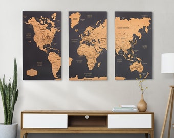 3 Panel World Map Wall Art Above Bed Decor, World Map Push Pin Travel Map, Large Wood World Map 5th Anniversary Gift