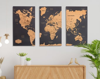 World Map Wall Art With FREE Pins, Cork World Map Push Pin Board, Travel Map Of The World Decor, Wooden Map Apartment Decor