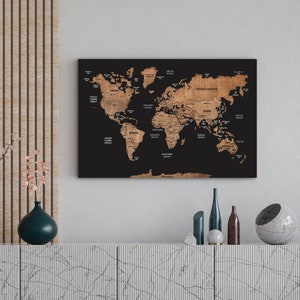 Houten wereldkaart kunst aan de muur, push pin wereldkaart muur decor, gepersonaliseerde reiskaart met spelden, houten kaart decor appartement nieuw huis cadeau
