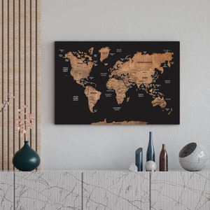 Wood World Map Wall Art, Push Pin World Map Wall Decor, Personalized Travel Map With Pins, Wooden Map Apartment Decor New House Gift