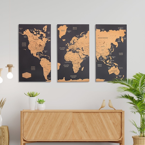 World Map Wall Art With FREE Pins, Cork World Map Push Pin Board, Travel Map Of The World Decor, Wooden Map Apartment Decor