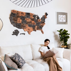 US Wood Map Apartment Decor 5th Anniversary Gift, Above Bed Decor New Home Gift,United States Wooden Wall Decor Travel Map Housewarming Gift image 1