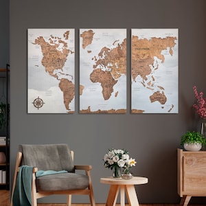 Set di 3 decorazioni da parete con mappa del mondo in legno, decorazioni da parete con mappa del mondo con puntine da disegno, mappa di viaggio personalizzata con spille, decorazione dell'appartamento, regalo per la nuova casa