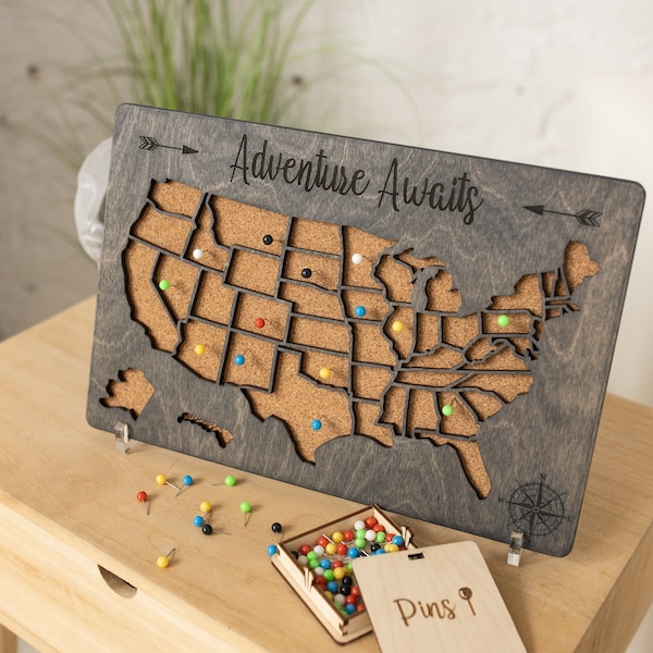 Push Pin USA Map Travel Map For Couples Gift, Wooden Map Of United States One Year Anniversary Gift, Personalized Cork Board Map With Pins