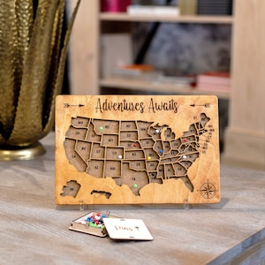 Carte de voyage des États-Unis, cadeaux pour les nouveaux mariés, carte en bois, cadeau de 5e anniversaire, cadeau pour couples, décoration d'appartement, décoration d'étagère, carte personnalisée