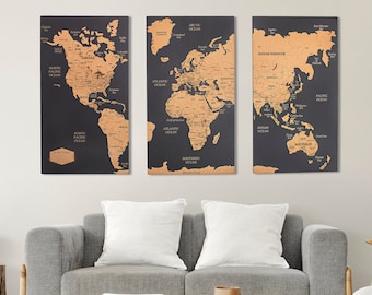 World Map Wall Art With FREE Pins, Cork World Map Push Pin Board, Travel Map Of The World Decor, Wooden Map Apartment Decor