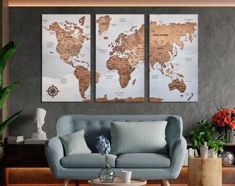 World Map Push Pin Wall Art With FREE Pins, Cork World Map Board, Wooden World Map Travel Map, Pin Board Apartment Decor, Above Bed Decor