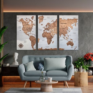 World Map Push Pin Wall Art With FREE Pins, Cork World Map Board, Wooden World Map Travel Map, Pin Board Apartment Decor, Above Bed Decor