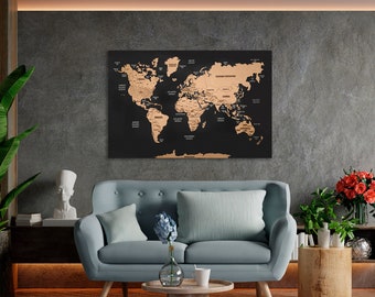 World Map Push Pin, World Map Wall Art, Wooden Travel Map, Cork Board Apartment Decor, Pin Board Above Bed Decor, 2d Map Of the World