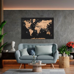 Weltkarte Push-Pin, Weltkarte Wandkunst, Hölzerne Reisekarte, Korktafel Wohnung Dekor, Pintafel über dem Bett Dekor, 2D Karte der Welt