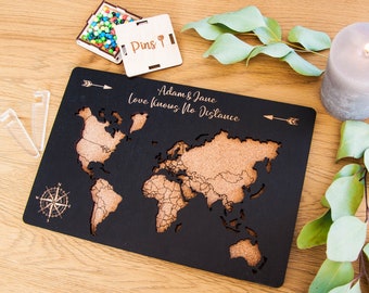 Push Pin Cork Travel World Map For Couples Gifts, Wooden Relationship Gifts, Personalized Corkboard, 5th Anniversary Travel Gifts