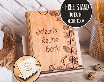 Personalized Wooden Recipe Book Binder Custom Journal Cookbook Stand, Wooden Notebook Mother In Law Gift, Bridal Shower Gift For Daughter